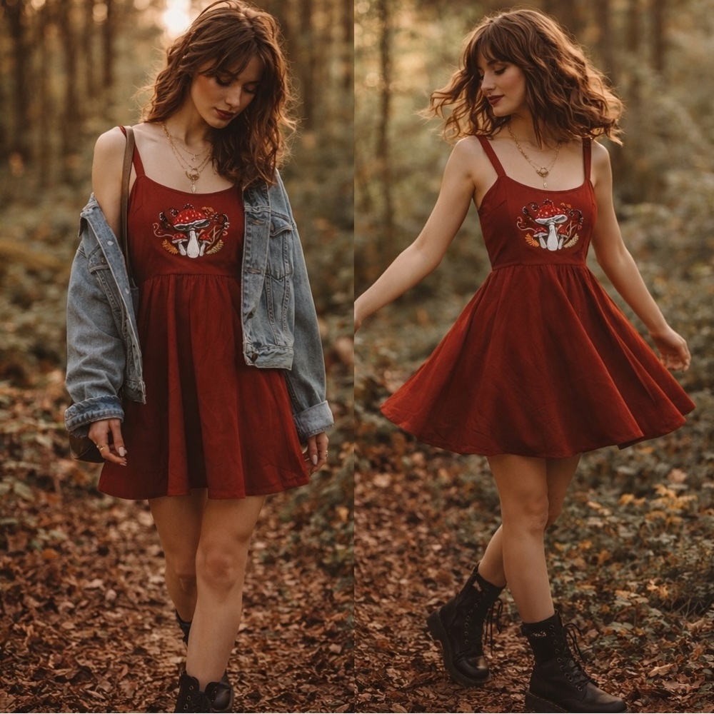 Fairycore Mushroom Embroidered Dress Rust Red Fit & Flare Cottagecore Size 6